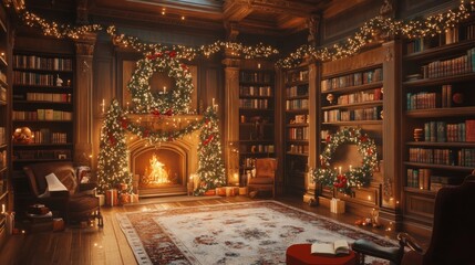 A grand library decked with lush holiday decorations, wreaths, and twinkling lights around an inviting fireplace. Cozy, warm ambiance for festive evenings.