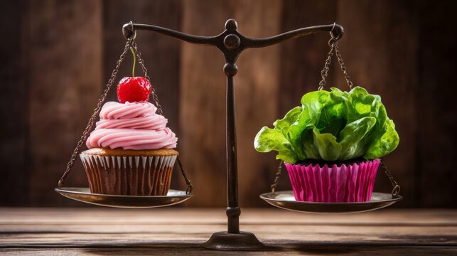 A whimsical scale balances a sweet pink-frosted cupcake against fresh, leafy lettuce, humorously highlighting choices between indulgence and healthy living.