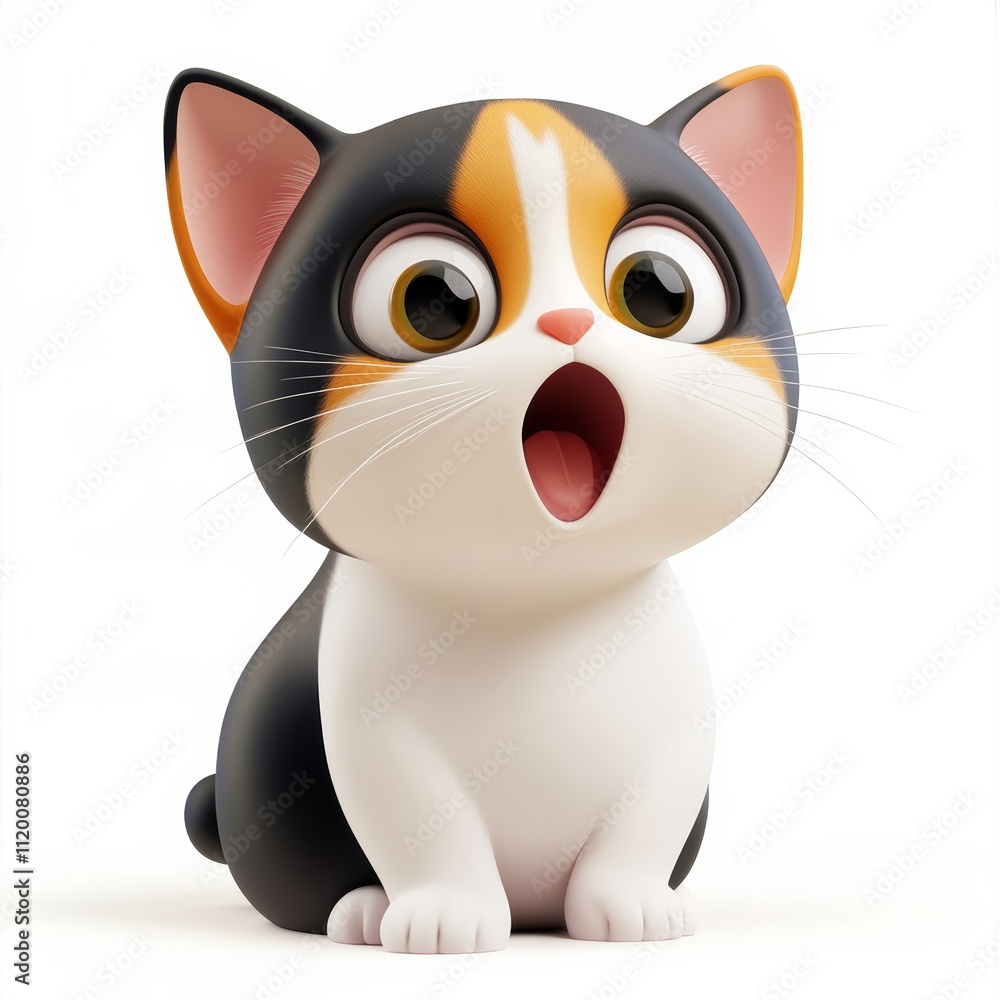 Poster simple 3d calico cat icon with its eyes wide open in a surprised gesture, isolated on a clean white 