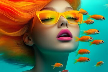 Obraz premium A vibrantly styled woman with flowing orange hair and sunglasses surrounded by lively orange fish in a surreal water scene, representing whimsy and creative expression.