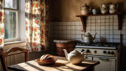 Rustic kitchen with bread and sunlight.