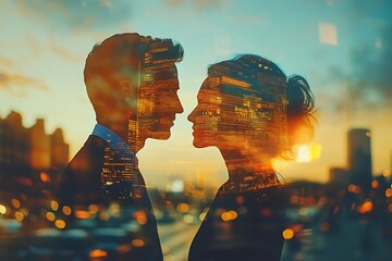 Cityscape Couple Silhouette at Sunset