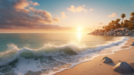 A serene tropical beach at sunset, waves gently lapping the shore, with palm trees swaying under a golden-pink sky.