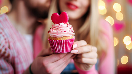 A young couple of diverse backgrounds sharing a cupcake with hearts on top