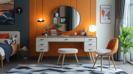 Modern bedroom with vanity, chair, and orange wall.