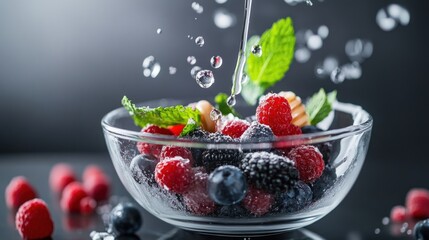 Fresh berries in a glass bowl with water splashing.