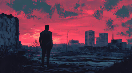 Fototapeta premium A lonely stalker and a ruined deserted city. Oblivion. Illustration