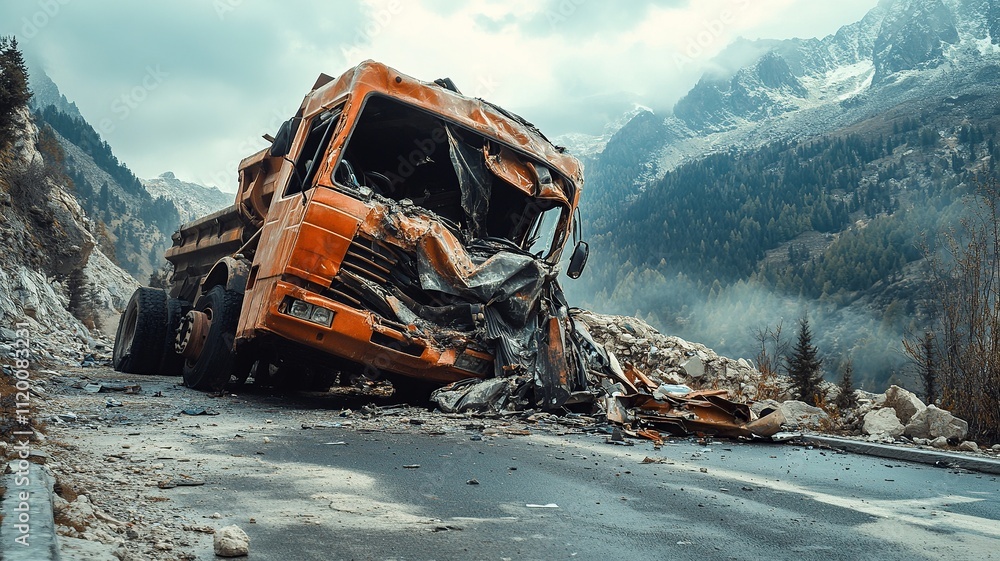 Poster a realistic photo capturing the collision between a large bus and a semi-truck on a busy road. the s