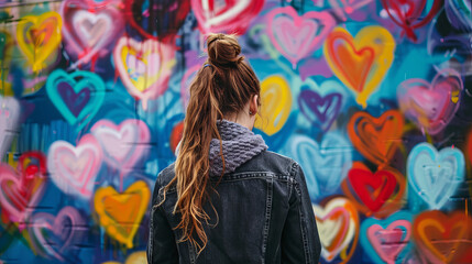 Fototapeta premium A young woman painting a large mural of hearts 