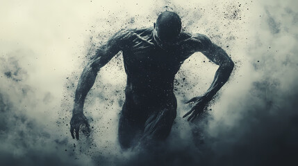 A muscular figure disintegrates into dust. Oblivion. Illustration