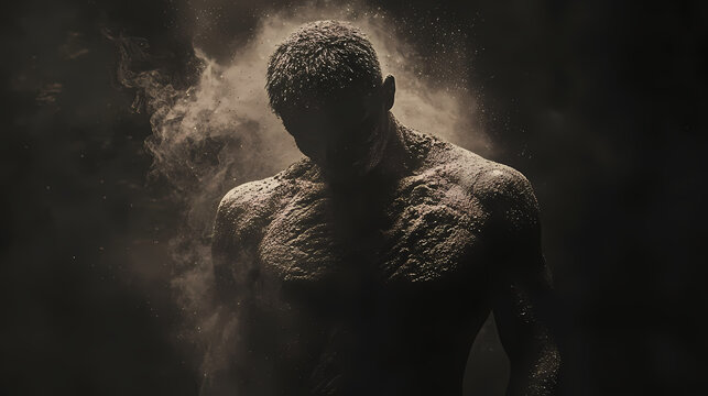 A muscular figure disintegrates into dust. Oblivion. Illustration