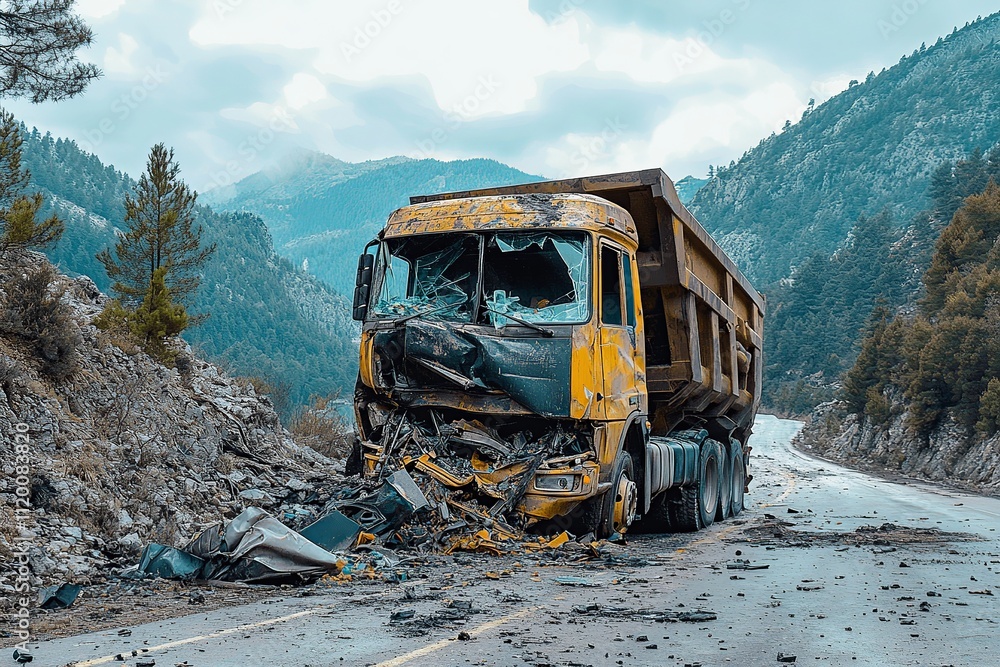Poster a realistic photo capturing the collision between a large bus and a semi-truck on a busy road. the s