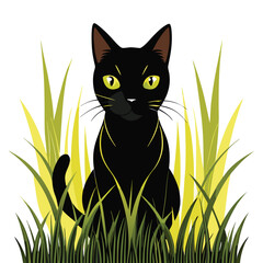 cat-black-long-grass-white-background.eps