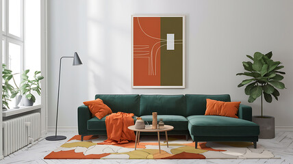 interior design mockup Minimalist loft interior design of modern elegant living room with neutral green sectional sofa burnt orange accents abstract artwork and cozy textiles Autumn Leaves Rust red p