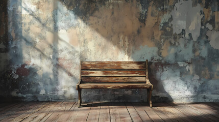A wooden bench sits in a room with a shabby wall and an old wooden floor. Oblivion. Illustration