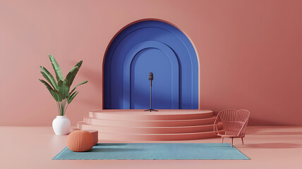 interior design mockup 3D rendering of a minimalist stage with a microphone and speaker in the center Mediterranean Vibes Terracotta cobalt blue olive green white Art Therapy Style