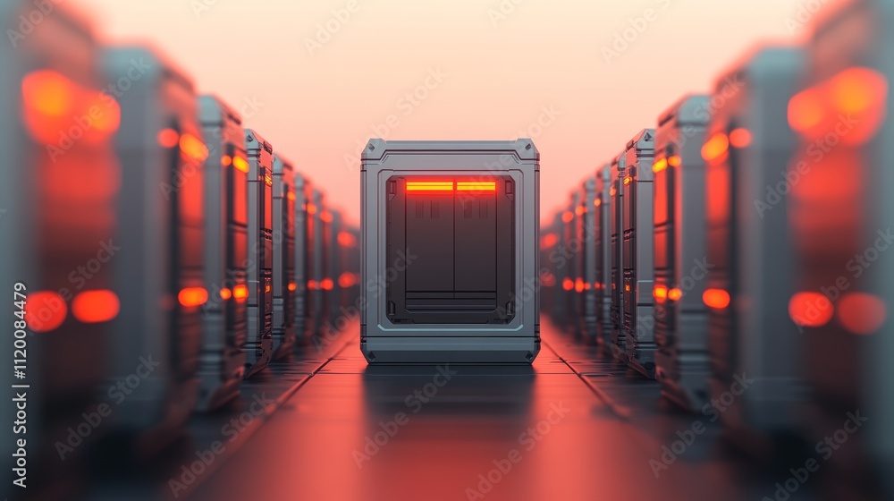 Poster server room with red lights, network infrastructure and data storage in a center