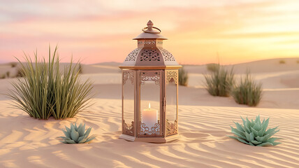 interior design mockup Ornate metal lantern with burning candle placed on sand in desert at sunset Gentle Sands Sand beige pale peach soft yellow white Psychedelic Art