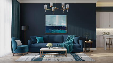 interior design mockup Living room interior 3d rendering Deep Sea Navy aqua cobalt blue dark teal Mixed Media