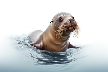Obraz premium A sea lion swimming with one flipper raised, showcasing its streamlined body and smooth fur isolated on white background