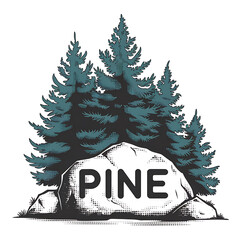 drawing ofgroup of pine trees with the words the word on it isolated on white background cutout png design asset funny conceptDotwork