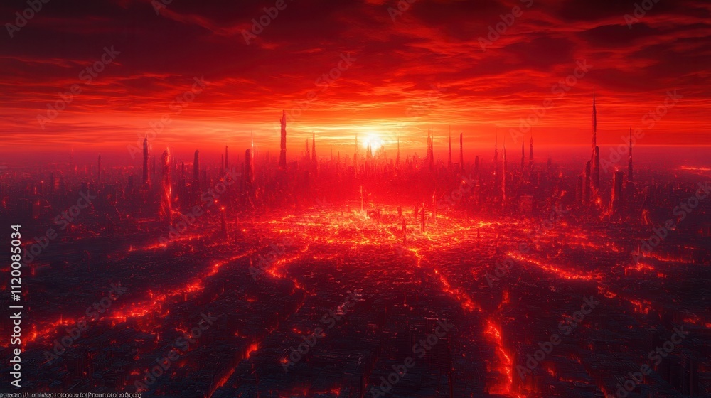 Poster a futuristic cityscape bathed in red light, with towering structures and flowing lava, creating a dr