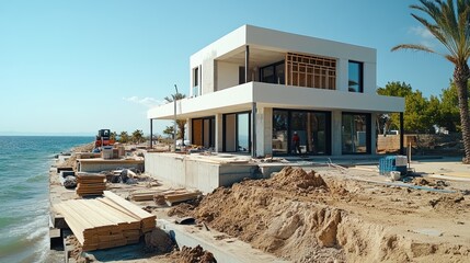 A modern, white house under construction on a beach with a clear blue sky and palm trees in the background.