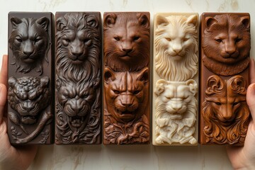 Decorative chocolate bars featuring intricate lion and cat designs in various cocoa colors.