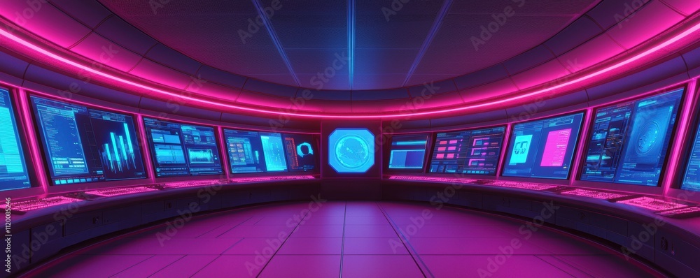 Poster a futuristic control room with vibrant pink and blue lighting, featuring multiple screens displaying