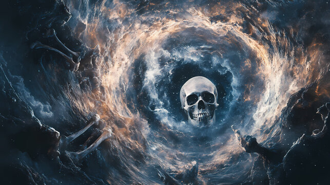 Bones spiraling into the cosmic vortex of time and space a surreal depiction of the inevitability of mortality and the mysteries of the universe. Oblivion. Illustration