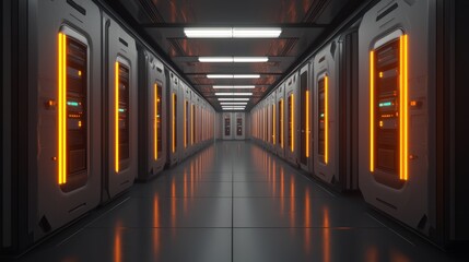 A futuristic corridor lined with illuminated panels, showcasing a high-tech environment reminiscent of a data center or sci-fi setting.