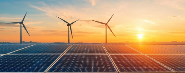 A serene landscape featuring wind turbines and solar panels under a vibrant sunset, symbolizing renewable energy and sustainable living.