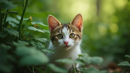 A small cat sitting in the middle of some green plants
