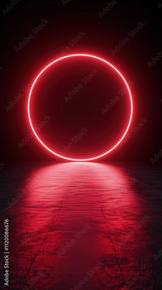 Poster a glowing red neon circle stands prominently in a dark space, reflecting on the surface below, creat