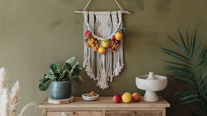 interior design mockup Bohemian Macrame Wall Hanging with Fresh Fruits and Organic Nuts for Artistic Display Riverbank Olive green khaki stone gray water blue Art Nouveau