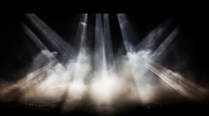 An intense spotlight cutting through thick smoke in a dark theater setting with a focused light beam isolated on white background