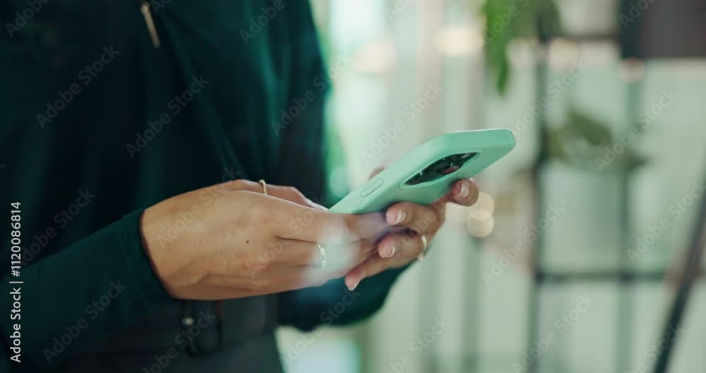 Poster news, phone or hands of businesswoman in startup for text message, email notification or connection.