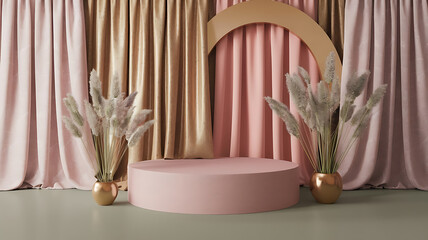 interior design mockup White minimal abstract draped fabric on a podium with curtains in the background Rose Gold Blush pink gold cream soft gray Photorealism