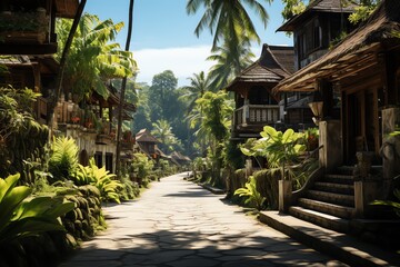Sunny path through lush tropical village with traditional houses.