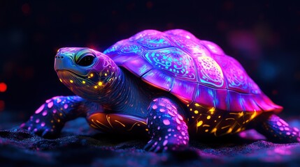 A vibrant, glowing turtle with neon colors, rendered in a 3D style.