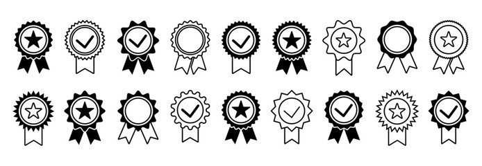 Set of quality premium icons,  approved or certified medal, achievement badge vector illustration. Verified, quality symbol, check mark design elements for infographic, poster, website 