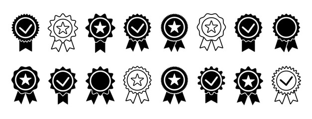 Set of quality premium icons,  approved or certified medal, achievement badge vector illustration. Verified, quality symbol, check mark design elements for infographic, poster, website  © Nataliia