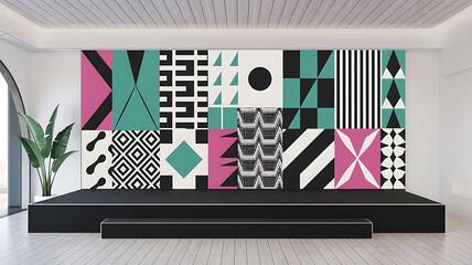 interior design mockup 3D rendering of an empty black stage with a white background in a minimalist style Abstract Shapes Bright teal magenta white black Cultural Tribal Art