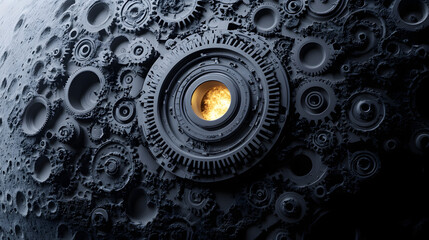 detailed view of elliptical propulsion system on lunar orbiter, showcasing intricate gears and mechanisms. glowing core adds sense of energy and innovation to design