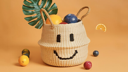 Smiling Storage Basket A woven storage basket with a smiling face on the front sitting on a solid background Photography copyspace glossy effect