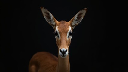 A small antelope standing in front of a black background