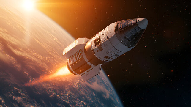 spacecraft propelling through space, showcasing vibrant colors and dynamic motion. sun rays illuminate scene, creating stunning visual of exploration - Powered by Adobe