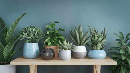 interior design mockup Still life of a wooden table with a variety of green plants in pots on it against a beige background wall in a minimalist style Arctic Chill Light blue cool gray frosty white m