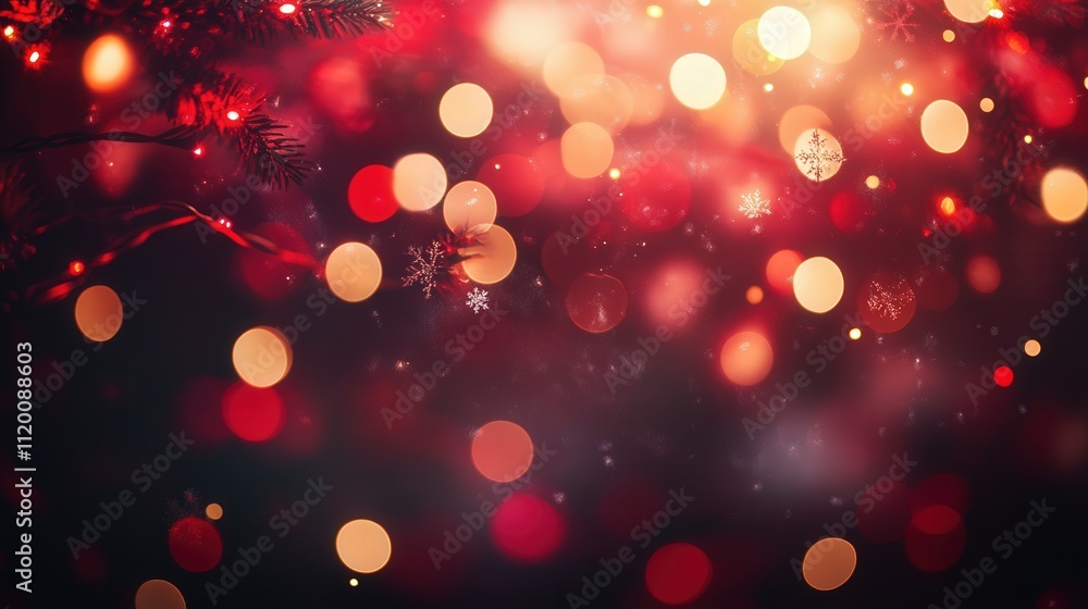 Poster a red bokeh snowflakes background with sparkling lights, where the soft focus of the bokeh effect hi