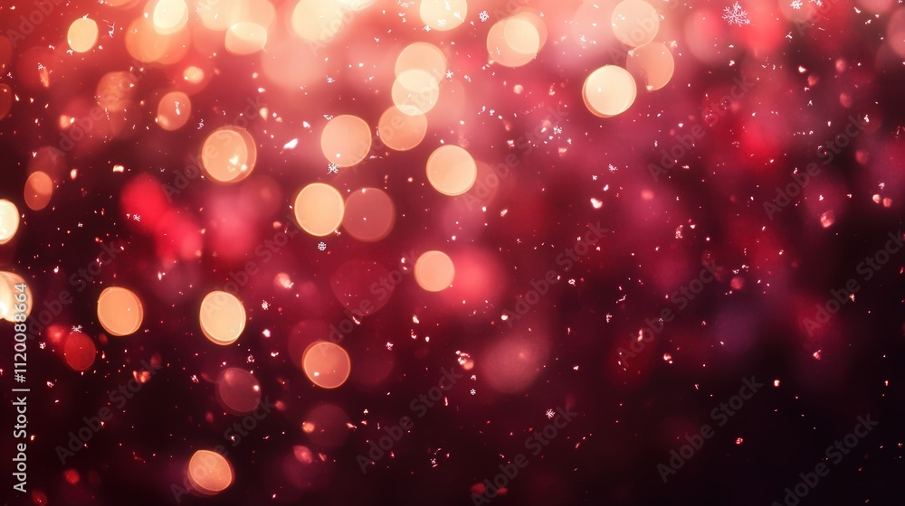 Poster a red bokeh snowflakes background with sparkling lights, where the soft focus of the bokeh effect hi